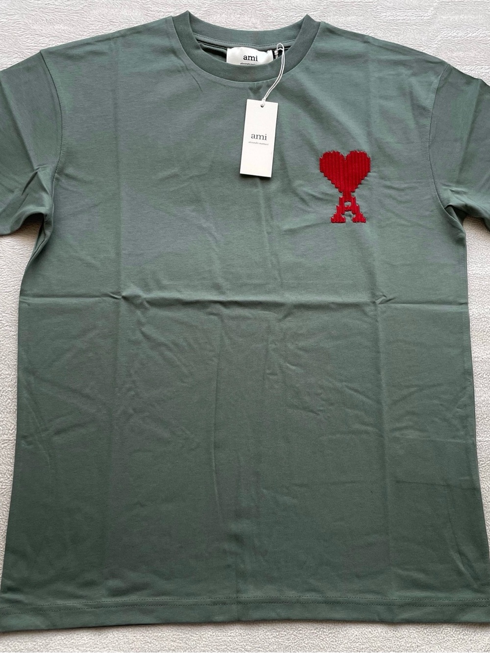 Ami Paris Green Short-Sleeve Tee with Red Heart 'A' Patch
